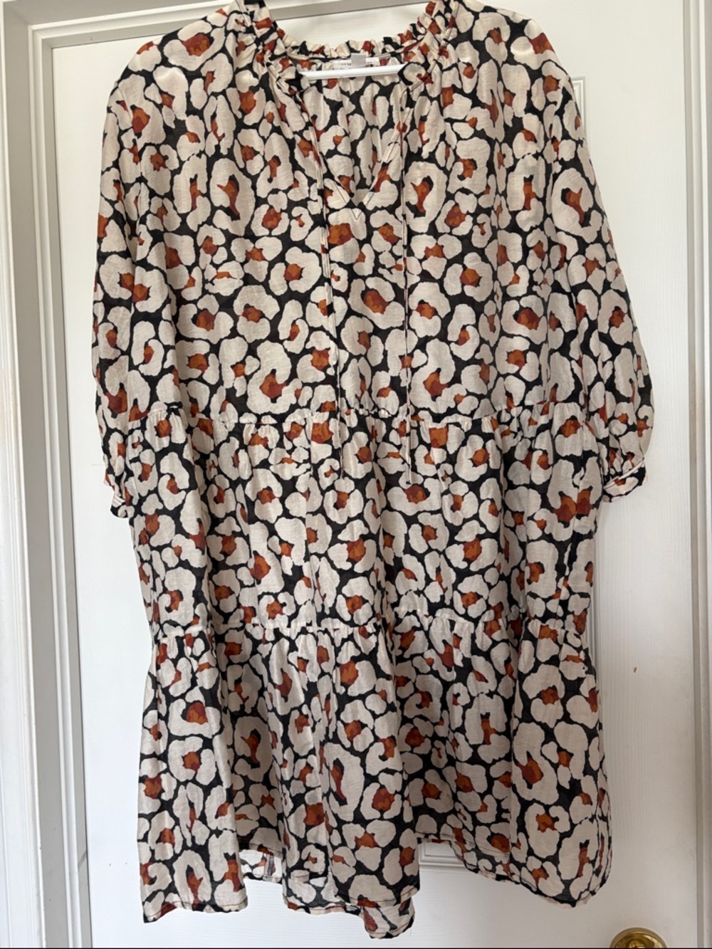 Tiered Cream Midi Dress with Brown and Black Floral Print